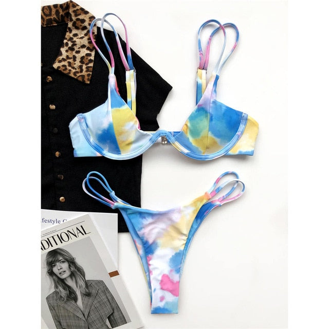 Sexy V Shape Wire Tie Dye Bikini Women Swimwear Female Swimsuit Two-pieces Bikini set V-Bar Underwired Bather Bathing Suit V2406 - Virtual Blue Store