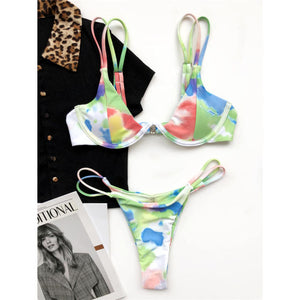 Sexy V Shape Wire Tie Dye Bikini Women Swimwear Female Swimsuit Two-pieces Bikini set V-Bar Underwired Bather Bathing Suit V2406 - Virtual Blue Store