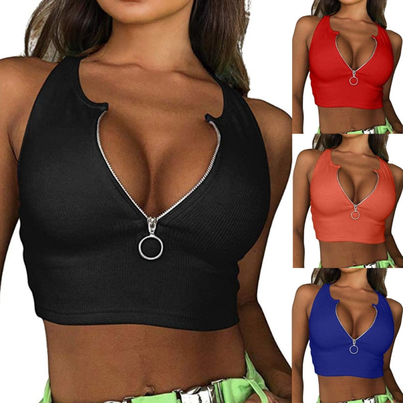 Womens Crop Top Sexy Summer 2021 Casual Tank Tops Vest Sleeveless Zipper Basic T-Shirt Solid Color Tee - Virtual Blue Store