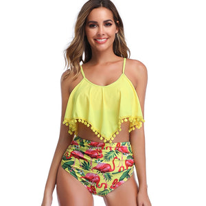 New Pom Ruched Ruffle Bikini Sets Woman Flamingos Swimsuit High Waist Bathing Suit Adjustable Straps Bathing Suit Swimwear - Virtual Blue Store