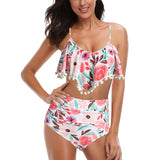 New Pom Ruched Ruffle Bikini Sets Woman Flamingos Swimsuit High Waist Bathing Suit Adjustable Straps Bathing Suit Swimwear - Virtual Blue Store