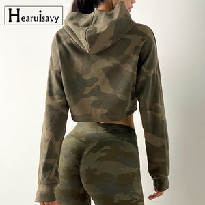 Women Camouflage Running Jacket Hooded Gym Sport Sweatshirts Femme Jogger Fitness Hoodie Long Sleeve Yoga Shirts Crop Top - Virtual Blue Store