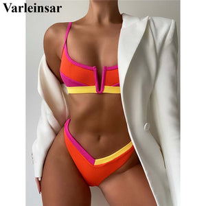 Sexy Splicing V Shaped Bikini Female Swimsuit Women Swimwear Two-pieces Bikini set Mid Waist Bather Bathing Suit Swim Lady V2839 - Virtual Blue Store
