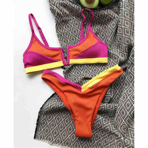 Sexy Splicing V Shaped Bikini Female Swimsuit Women Swimwear Two-pieces Bikini set Mid Waist Bather Bathing Suit Swim Lady V2839 - Virtual Blue Store
