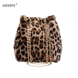 Fashion Leopard Plush Messenger Bags Women Winter Chain Bucket Shoulder Handbag Popular Simple Female Daily Bag - Virtual Blue Store
