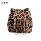 Fashion Leopard Plush Messenger Bags Women Winter Chain Bucket Shoulder Handbag Popular Simple Female Daily Bag
