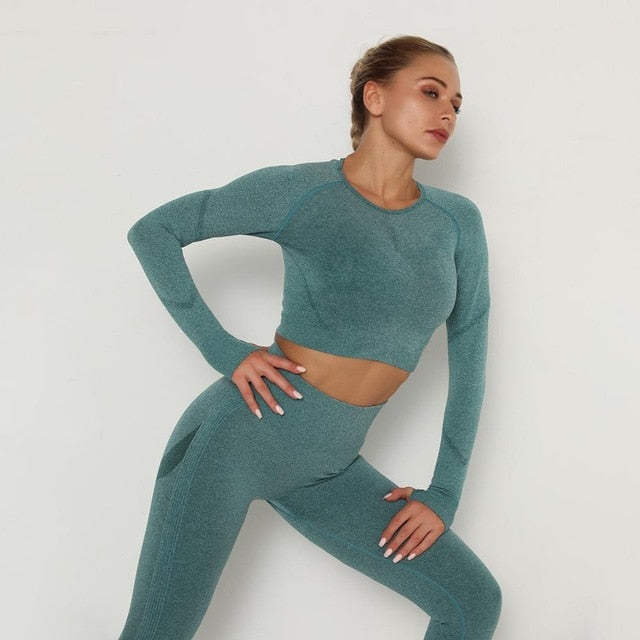 Women Seamless Yoga Set Fitness Sports Suits Gym Clothing Long Sleeve Crop Top Shirts High Waist Running Leggings Workout Pants - Virtual Blue Store