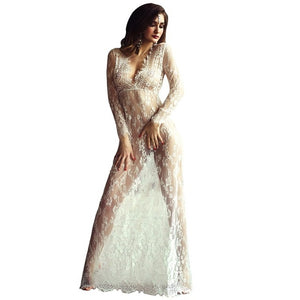 Women Summer Sexy Floral Lace Transparent Bikini Cover Up Dress Playa Vestido Swimsuit Flowy Embroidery Maxi Beach Swimwear Wear - Virtual Blue Store