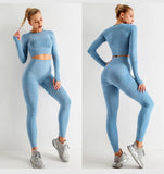 Seamless Women  yoga set Workout Gym Long Sleeve Fitness Crop Top High Waist Leggings Sport Clothing Suits - Virtual Blue Store