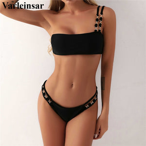 4 Color Metal Ring Bandeau Bikini Female SwimsuitFemale Swimsuit Two-pieces Bikini set Padded Bather Bathing Suit Swim Lady V2854 - Virtual Blue Store