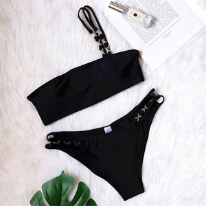 4 Color Metal Ring Bandeau Bikini Female SwimsuitFemale Swimsuit Two-pieces Bikini set Padded Bather Bathing Suit Swim Lady V2854 - Virtual Blue Store