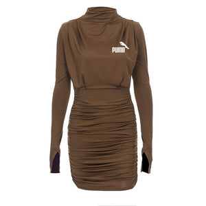 Retro long sleeve ruched pure sexy mini dress autumn winter female streetwear party outfits clubwear - Virtual Blue Store