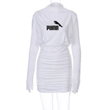 Retro long sleeve ruched pure sexy mini dress autumn winter female streetwear party outfits clubwear - Virtual Blue Store