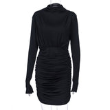 Retro long sleeve ruched pure sexy mini dress autumn winter female streetwear party outfits clubwear - Virtual Blue Store