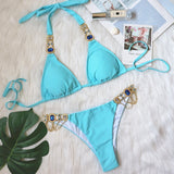 GNIM Rhinestone Metal Chain Bikini Swimsuit Woman Bandage Solid Swimwear 2019 Brazilian Sexy Bikini Bathing Suit Women Two Piece - Virtual Blue Store