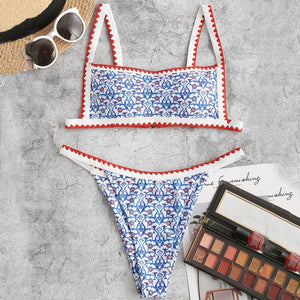 In-X Print bikini 2021 Bandeau swimsuit women Patchwork 2 pieces set High cut swimwear female Sports bathing suit biquini summer - Virtual Blue Store