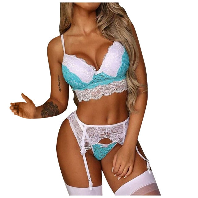 Fashion Women's Sexy Lingerie Shop Ladies Patchwork Costumes Lace Bra with Halter Thong Babydoll Set 2021 Valentine's Day Gift - Virtual Blue Store