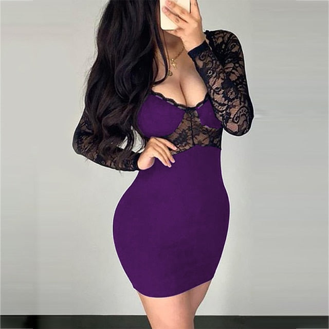 Plus Size Sexy Lace Bodycon Mini Dress Women Hollow Out Black Long Sleeve V-neck Dresses Ladies 2021 Summer Party Club Clothes - Virtual Blue Store