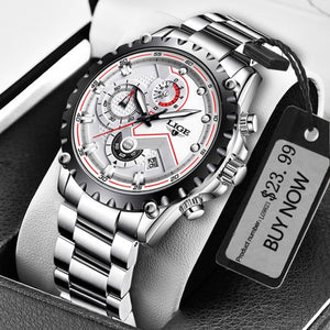 2021 LIGE Fashion Mens Watches Top Luxury Brand Silver Stainless Steel 30m Waterproof Quartz Watch Men Army Military Chronograph - Virtual Blue Store