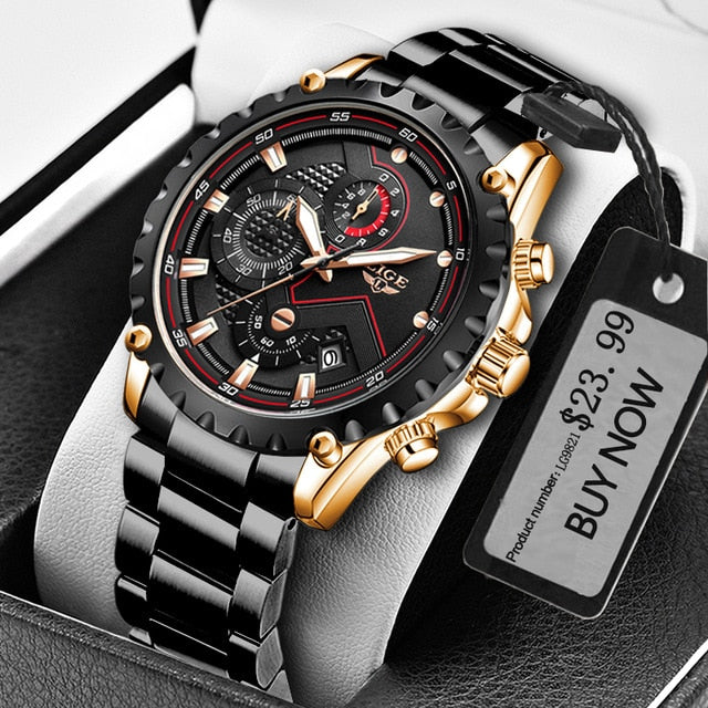 2021 LIGE Fashion Mens Watches Top Luxury Brand Silver Stainless Steel 30m Waterproof Quartz Watch Men Army Military Chronograph - Virtual Blue Store