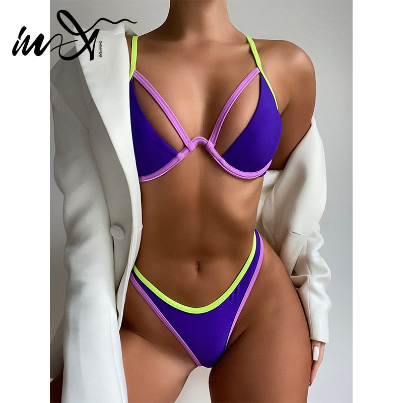 In-X Patchwork bikini set Push up swimsuit women Hollow out swimwear female String micro 2 pieces set Sexy bathing suit 2021 new - Virtual Blue Store