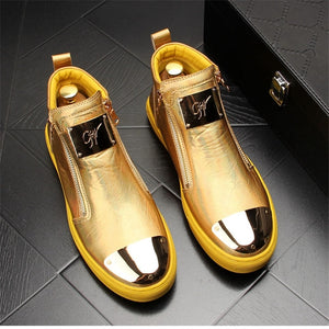 Gold Leather Men Sneakers Punk Casual Shoes Hip Hop Male High Tops Zip Ankle Boots Flats Zapatillas Hombre - Virtual Blue Store
