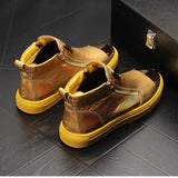 Gold Leather Men Sneakers Punk Casual Shoes Hip Hop Male High Tops Zip Ankle Boots Flats Zapatillas Hombre - Virtual Blue Store