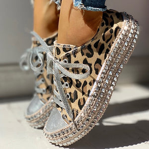 Woman Spring Leopard Print Canvas Fashion Sneakers Rhinestone Sequin Flat Wild Women's Shoes Youth Casual Shoes Plus Size - Virtual Blue Store