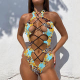 2021 Summer Sexy Women Beach Wear Black Halter Sleeveless Wireless Bra Bandage Bodysuits Lace-up Plunge Bikini Swimsuit Holiday - Virtual Blue Store