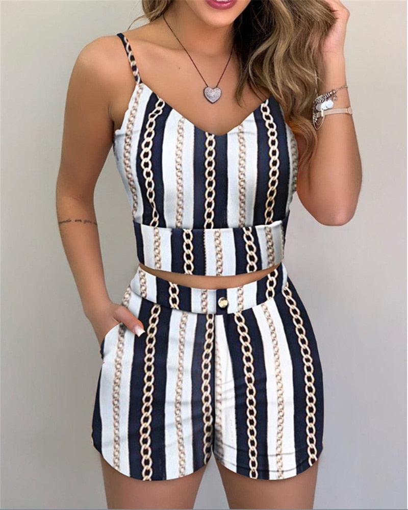 Summer Women Fashion 2-piece Outfit Set Sleeveless Print Top and Shorts Set for Ladies Women Party wear - Virtual Blue Store