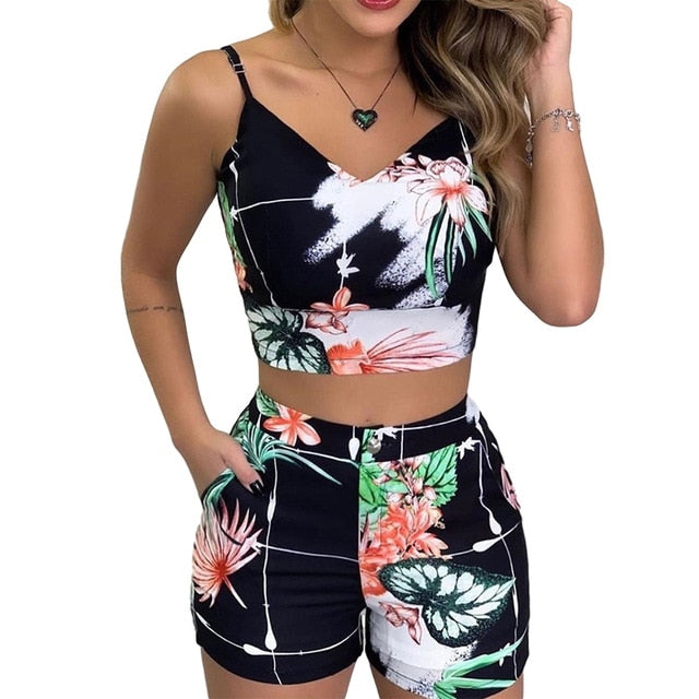 Summer Women Fashion 2-piece Outfit Set Sleeveless Print Top and Shorts Set for Ladies Women Party wear - Virtual Blue Store