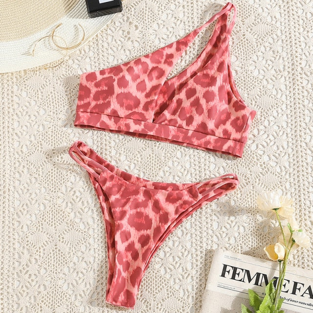 Sexy one-shoulder bikini set Leopard print swimsuit women Hollow out swimwear High cut bathing suit Pink swimming Biquini New - Virtual Blue Store