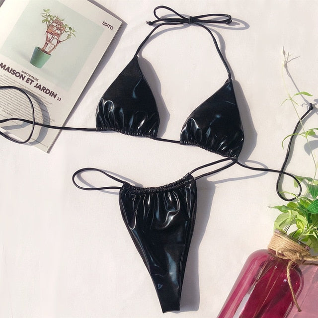 Sexy Women Pu Leather Micro Bikini Sets Female Thong Bandage Swimwear Solid Brazlian Swimwear Bathing Suit Summer Beachwear 2020 - Virtual Blue Store