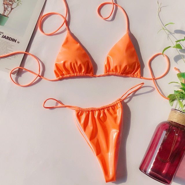 Sexy Women Pu Leather Micro Bikini Sets Female Thong Bandage Swimwear Solid Brazlian Swimwear Bathing Suit Summer Beachwear 2020 - Virtual Blue Store