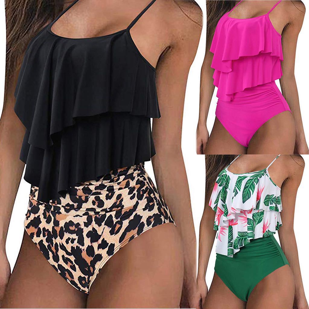Tropical&Leopard Print Sexy Ruffle Bikini 2020 Large Size Women High Waist Swimwear Push Up Large Size Swimwear Beach Bath Suit - Virtual Blue Store