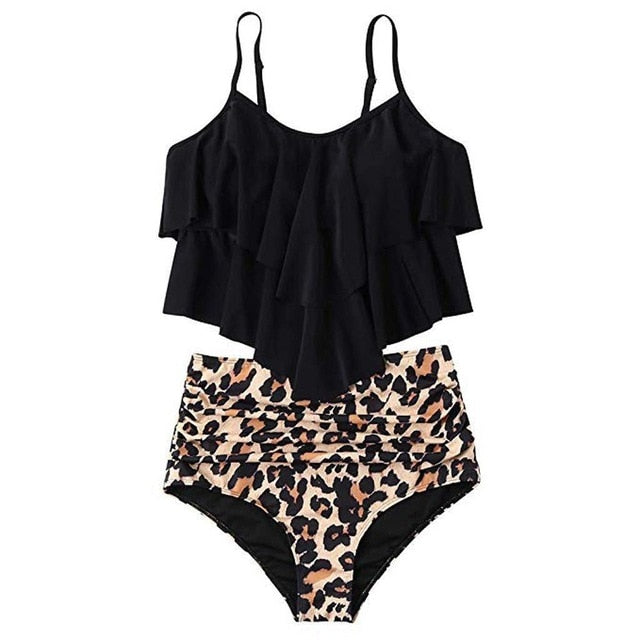 Tropical&Leopard Print Sexy Ruffle Bikini 2020 Large Size Women High Waist Swimwear Push Up Large Size Swimwear Beach Bath Suit - Virtual Blue Store