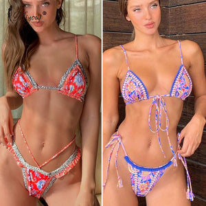 Miyouj  Vintage Print Bikini Female Handwork Small Ruffle Swimming Suit For Women Swimwear  High Cut Bikini Set String - Virtual Blue Store