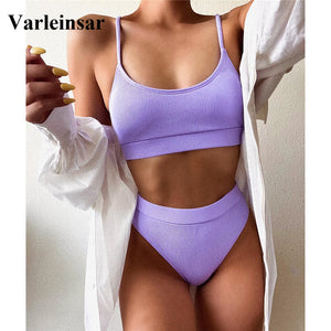 S - XL New Sexy Ribbed Female Swimsuit High Waist Bikini Women Swimwear Two-piece Bikini set Bather Bathing Suit Swim Lady V2439 - Virtual Blue Store