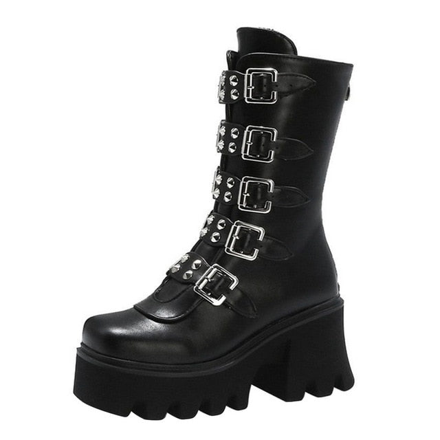 Women Combat Boots Antumn 2020 Female High Platform Gothic Shoes Black Leather Boots Lace up Women Knee High Boots - Virtual Blue Store