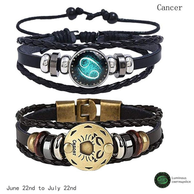 2pcs/set 12 Constellation Bracelets Luminous Charm Leather Bracelet Zodiac Horoscope Braided Bangle Men Women Jewelry Wrist Gift - Virtual Blue Store