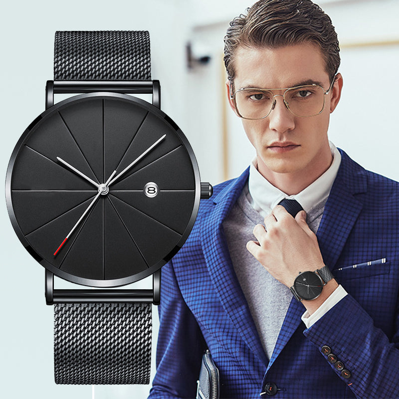 Complete Calendar Ultra Thin Men's Watch Stainless Steel Mesh Band Quartz Wrist Watches Men Clock Simple Design Fashion relogios - Virtual Blue Store