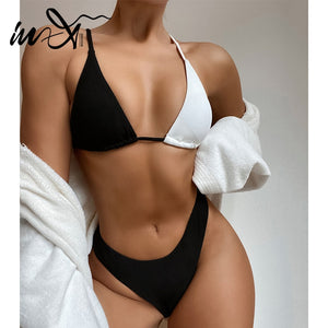 In-X Ribbed swimwear female High cut bikini set Triangle swimsuit women String patchwork bathing suit biquini summer  new - Virtual Blue Store