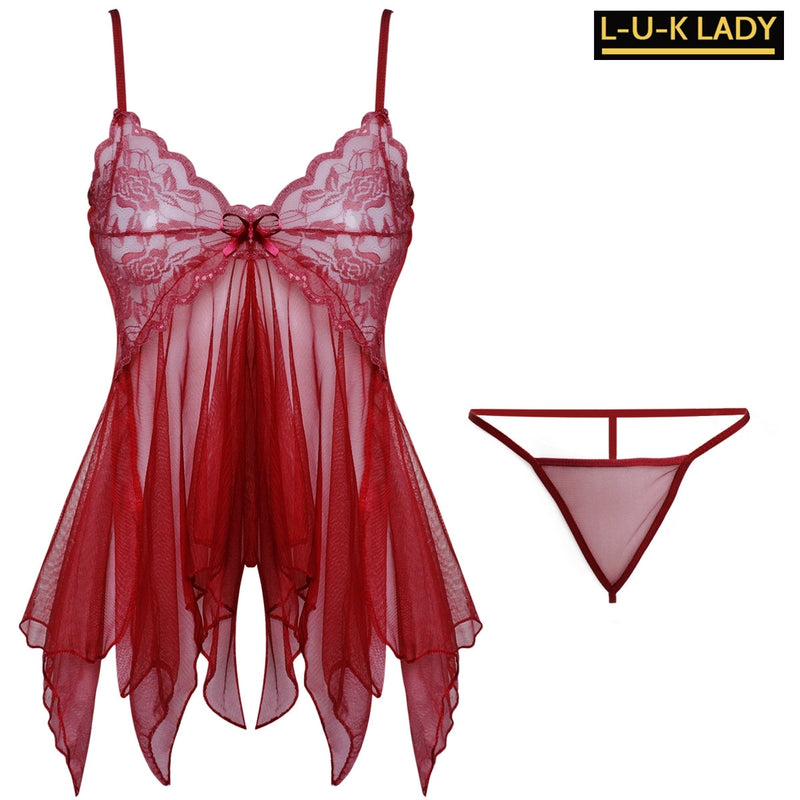 L-U-K Lady Sexy Lingerie Lace Suspender Nightdress Perspective Cute Tulle Elegant Underwear Woman Sexy Pajamas Allure Sleepwear - Virtual Blue Store
