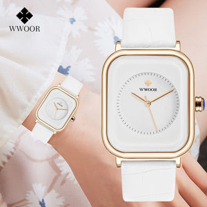 2021 WWOOR Ladies Watch Fashion White Square Wrist Watch Simple Ladies Top Brand Luxury Leather Dress Casual Watches Reloj Mujer - Virtual Blue Store