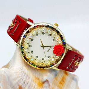 New Ladies Flower Hand-knitted Wristwatch Rose Women Dress Watch Color Sparkling Rhinestone Leather Strap Clock Sweet Girl Watch - Virtual Blue Store