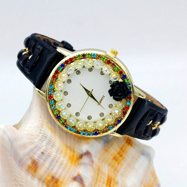 New Ladies Flower Hand-knitted Wristwatch Rose Women Dress Watch Color Sparkling Rhinestone Leather Strap Clock Sweet Girl Watch - Virtual Blue Store