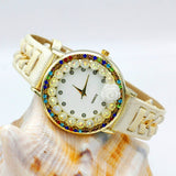 New Ladies Flower Hand-knitted Wristwatch Rose Women Dress Watch Color Sparkling Rhinestone Leather Strap Clock Sweet Girl Watch - Virtual Blue Store