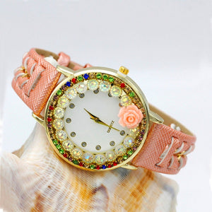 New Ladies Flower Hand-knitted Wristwatch Rose Women Dress Watch Color Sparkling Rhinestone Leather Strap Clock Sweet Girl Watch - Virtual Blue Store