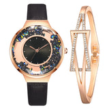 1 Set Bracelet & watch Genuine Leather Strap Shiny Quicksand stone Lady Layer Cowhide Belt Gold Women's Elegant Chain Watches - Virtual Blue Store