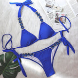 New Sexy Rhinestone Diamond Bikini 2021 Female Halter Bandeau Swimsuit Women Swimwear Crystal Bikini set Brazilian Bathing Suit - Virtual Blue Store